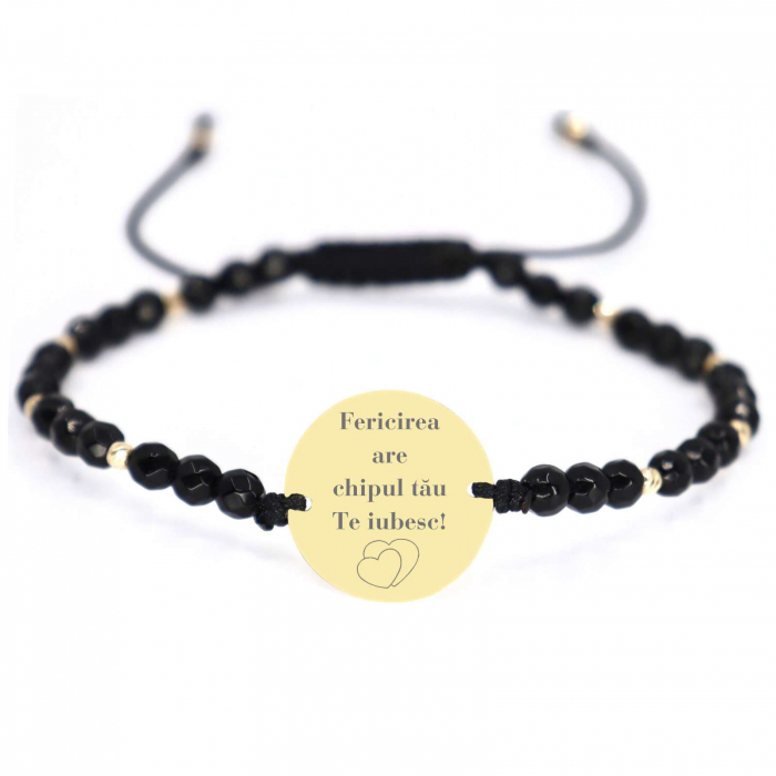 Brățară șnur cu biluțe Onix și bănuț 18 mm personalizat cu poză, Aur 14K [2]