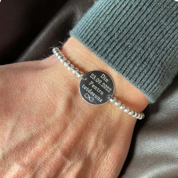 Brățară șnur cu biluțe și bănuț Argint 925 personalizată cu poză [4]