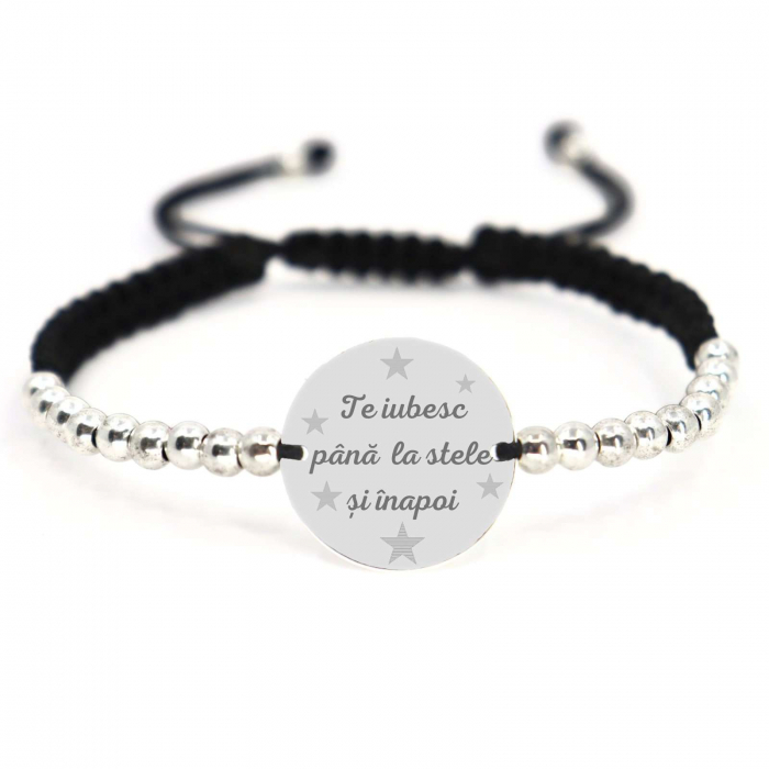 Brățară șnur cu biluțe și bănuț Argint 925 personalizată gravură text [5]