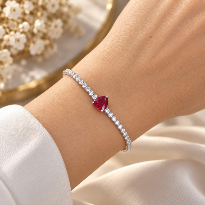 Brățară Tennis Damă Red Heart - Argint 925 Rodiat, Zirconiu Alb 2 mm - Reglabilă [2]