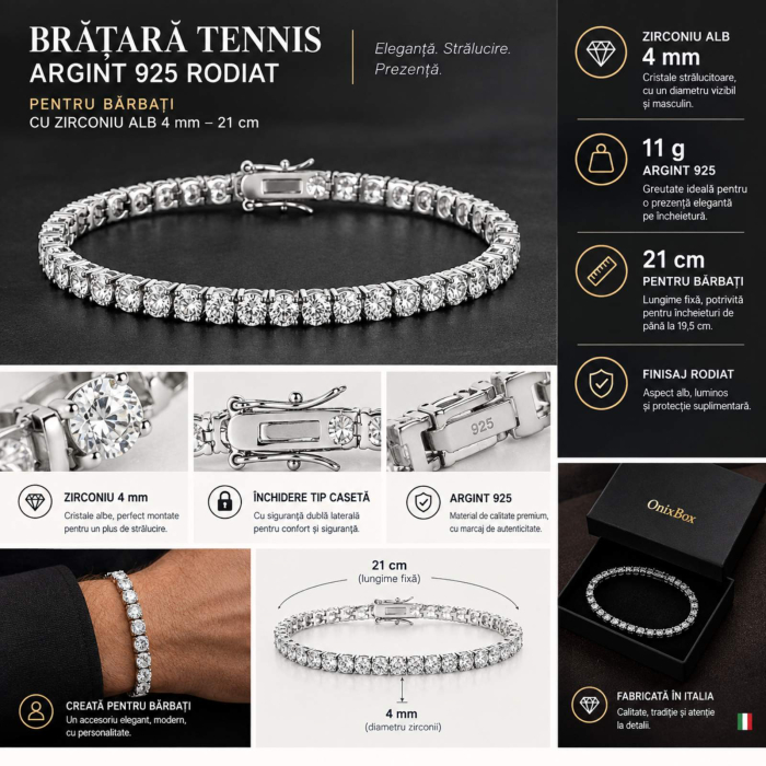 Brățară Tennis Argint 925 Rodiat pentru Bărbați cu Zirconiu Alb 4 mm – 21 cm [3]