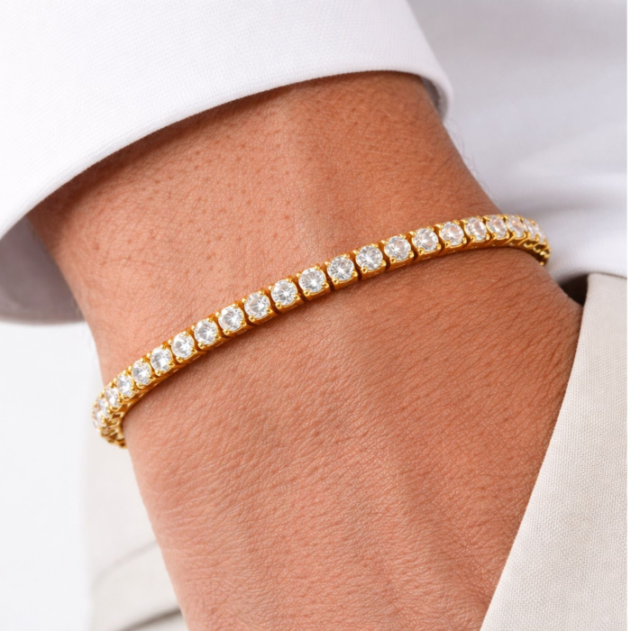 Brățară Tennis Aurie din Oțel Inoxidabil cu Cristale Zirconiu Alb 3 mm, Reglabilă, Unisex [2]