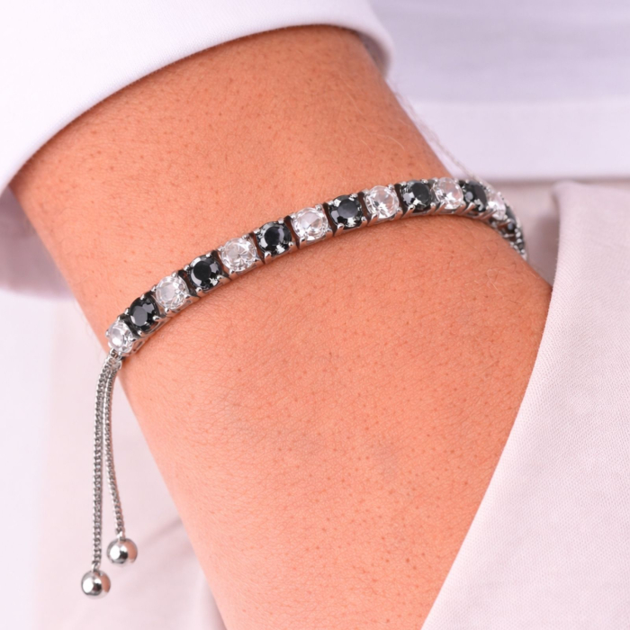 Brățară Tennis Argintie din Oțel Inoxidabil cu Cristale Zirconiu Alb și Negru 4 mm, Reglabilă [2]