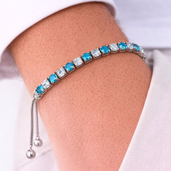 Brățară Tennis Argintie din Oțel Inoxidabil cu Cristale Zirconiu Alb și Albastru 4 mm, Reglabilă [2]