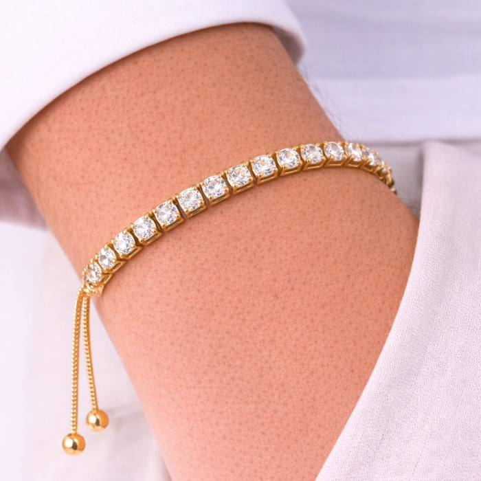 Brățară Tennis Aurie din Oțel Inoxidabil cu Cristale Zirconiu Cubic 4 mm, Reglabilă [2]