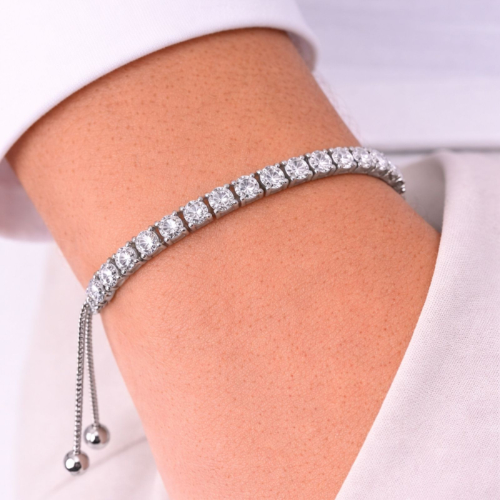 Brățară Tennis Argintie din Oțel Inoxidabil cu Cristale Zirconiu Alb 4 mm, Reglabilă [2]