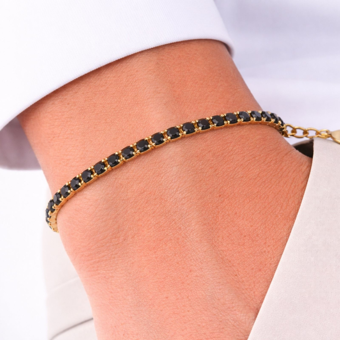 Brățară Tennis Placată cu Aur 18K, Cristale Zirconiu Negru 3 mm, Unisex -  Oțel Inoxidabil, Lanț Reglabil (17+4 cm) [2]