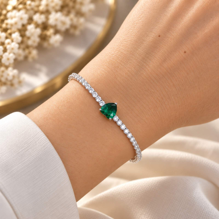 Brățară Tennis Damă Green Heart - Argint 925 Rodiat, Zirconiu Alb 2 mm - Reglabilă [2]