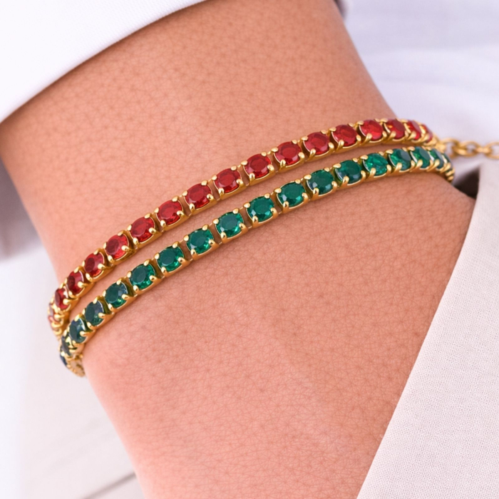 Brățară Tennis Placată cu Aur 18K, Cristale Zirconiu Verde 3 mm, Unisex - Oțel Inoxidabil, Lanț Reglabil (17+4 cm) [3]