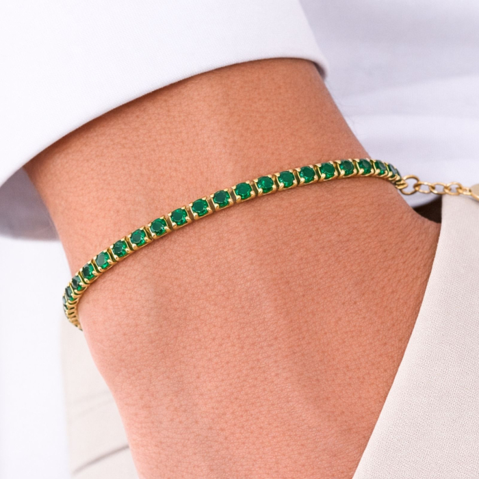 Brățară Tennis Placată cu Aur 18K, Cristale Zirconiu Verde 3 mm, Unisex - Oțel Inoxidabil, Lanț Reglabil (17+4 cm) [2]