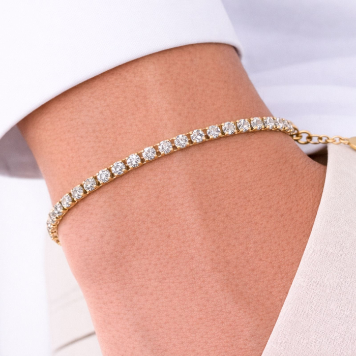 Brățară Tennis Placată cu Aur 18K, Cristale Zirconiu Alb 3 mm, Unisex -  Oțel Inoxidabil, Lanț Reglabil (17+4 cm) [2]