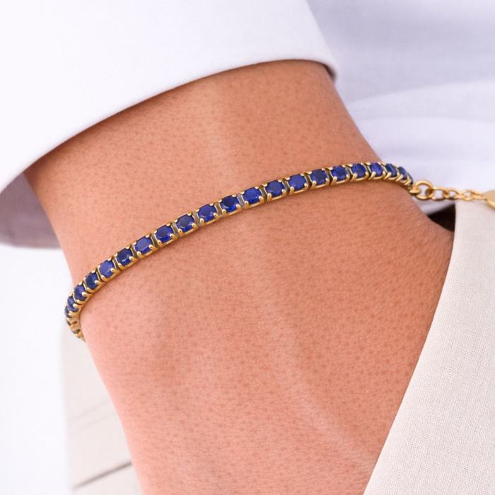 Brățară Tennis Placată cu Aur 18K, Cristale Zirconiu Albastru 3 mm, Unisex - Oțel Inoxidabil, Lanț Reglabil (17+4 cm) [2]