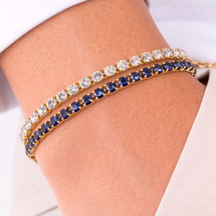 Brățară Tennis Placată cu Aur 18K, Cristale Zirconiu Albastru 3 mm, Unisex - Oțel Inoxidabil, Lanț Reglabil (17+4 cm) [3]