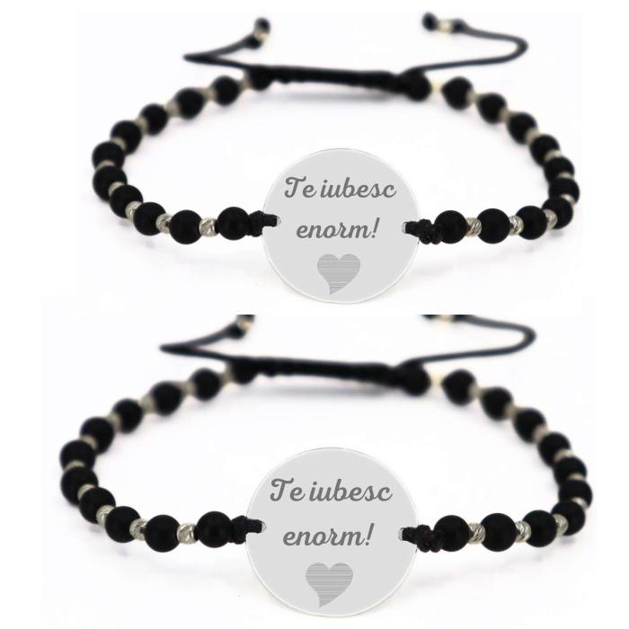 Brățări Personalizate Cuplu - Bănuț Argint 18 mm Gravat cu Poză și Text, Onix și Biluțe Argint, Șnur Reglabil [2]