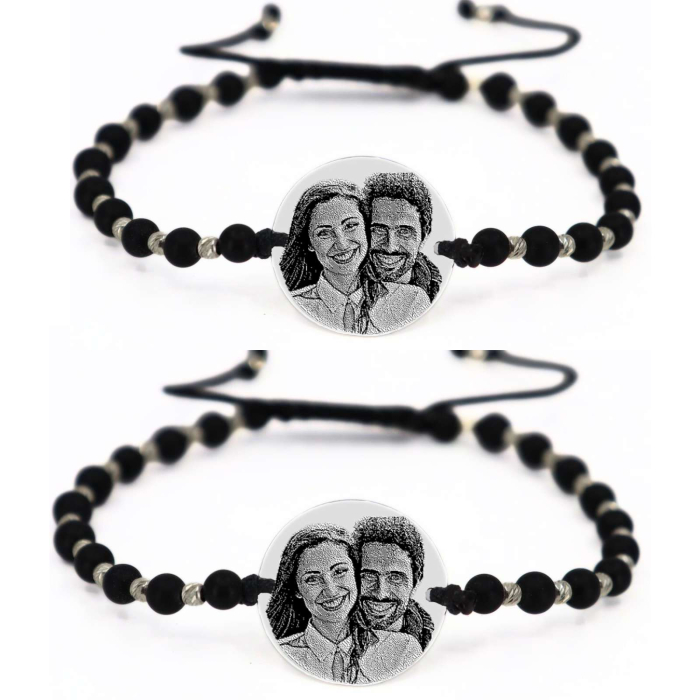 Brățări Personalizate Cuplu - Bănuț Argint 18 mm Gravat cu Poză și Text, Onix și Biluțe Argint, Șnur Reglabil [1]