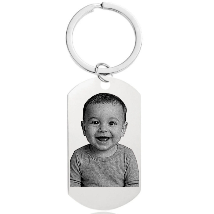 Breloc Personalizat Foto si Text, Placuta Inox 40x23 mm, Gravura Laser cu Garantie pe Viata