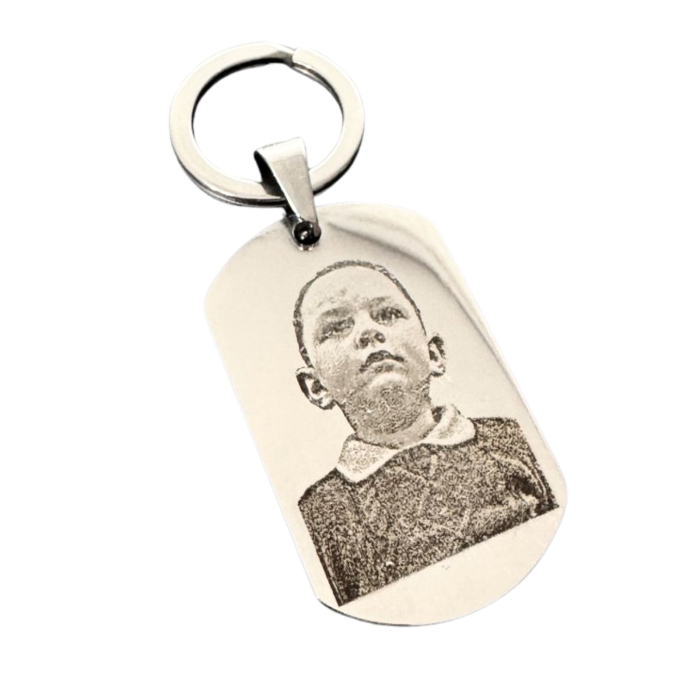 Breloc Personalizat cu Poza si Text - Placuta Inox 40x23 mm, Gravura Laser, Garantie pe Viata