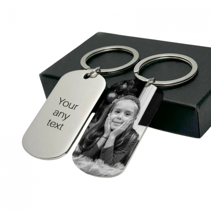 Set Brelocuri Personalizate cu Poza si Text - Placuta Inox 40x23 mm, Gravura Laser, Garantie pe Viata