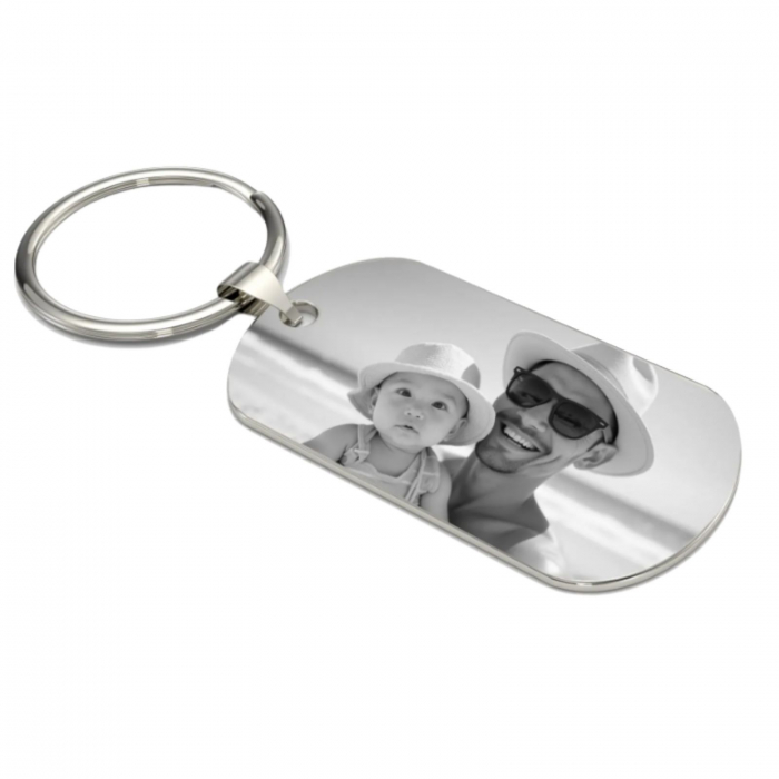 Breloc Personalizat cu Poza si Text - Placuta Inox 40x23 mm, Gravura Laser, Garantie pe Viata