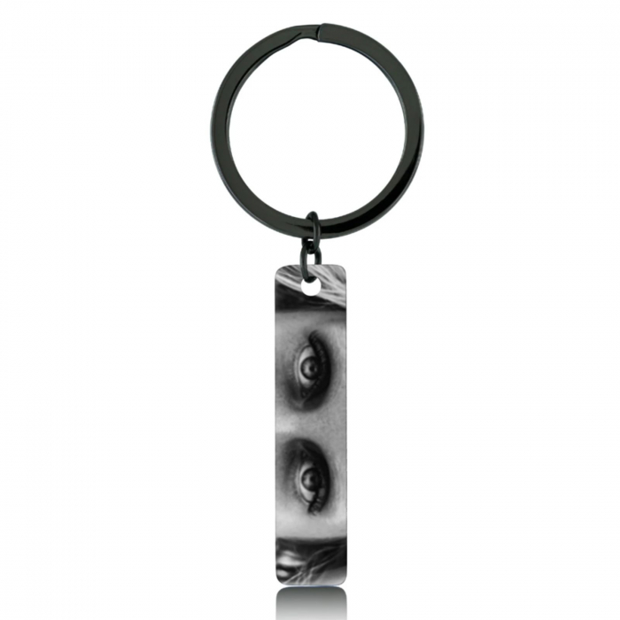 Breloc Personalizat cu Poza si Text - Placuta Inox Neagra 40x10 mm, Gravura Laser, Garantie pe Viata