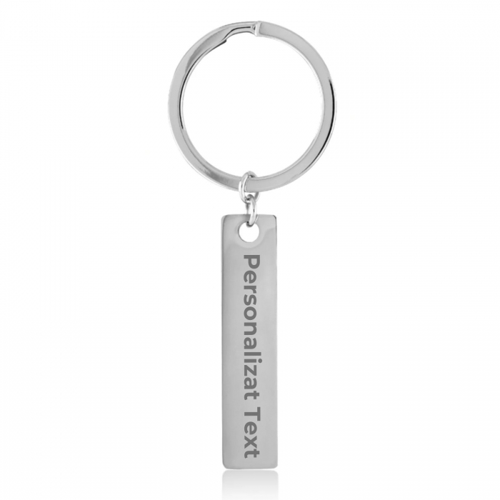Breloc Personalizat cu Poza si Text - Placuta Inox Argintie 40x10 mm, Gravura Laser, Garantie pe Viata