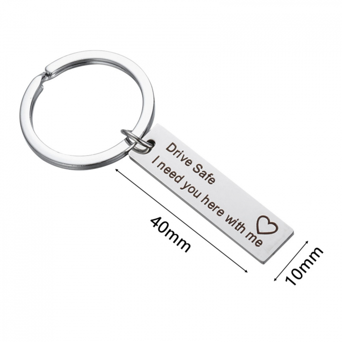 Breloc Cheie Auto Personalizat Drive Safe - Plăcuță Inox Argintie 40x10 mm, Gravură Laser, Garanție pe Viață [2]