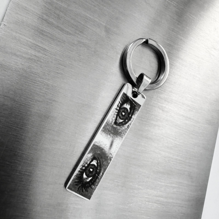 Breloc Personalizat cu Fotografia Ochilor și Text - Plăcuță Inox 40x10 mm, Gravură Laser, Garanție pe Viață [3]