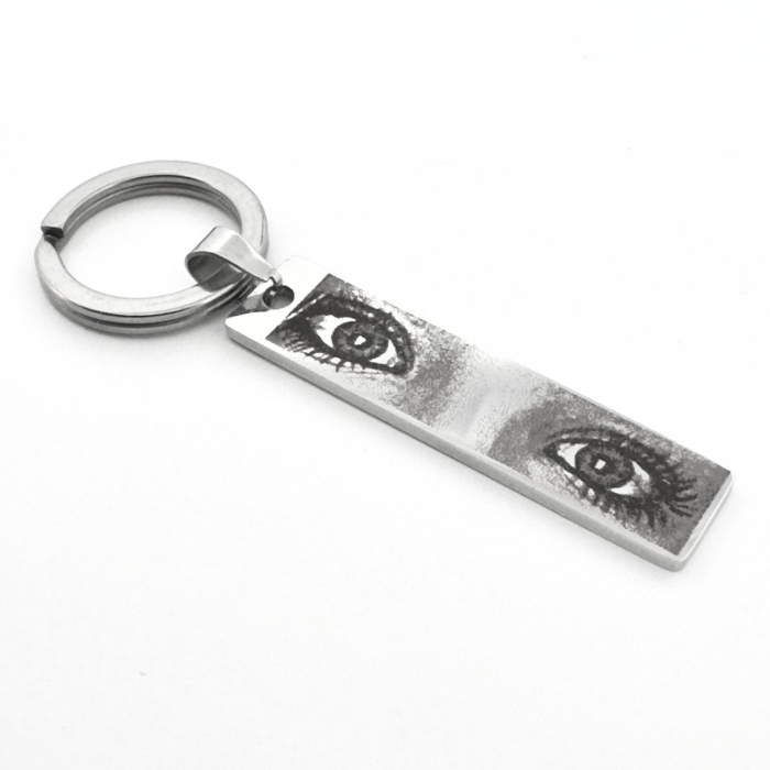 Breloc Personalizat cu Fotografia Ochilor si Text - Placuta Inox 40x10 mm, Gravura Laser, Garantie pe Viata