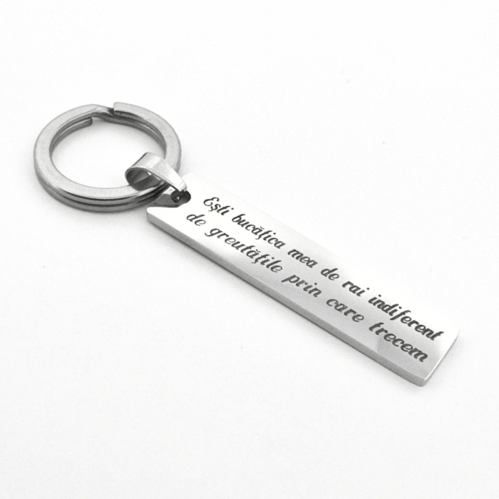 Breloc Personalizat cu Fotografia Ochilor și Text - Plăcuță Inox 40x10 mm, Gravură Laser, Garanție pe Viață [6]