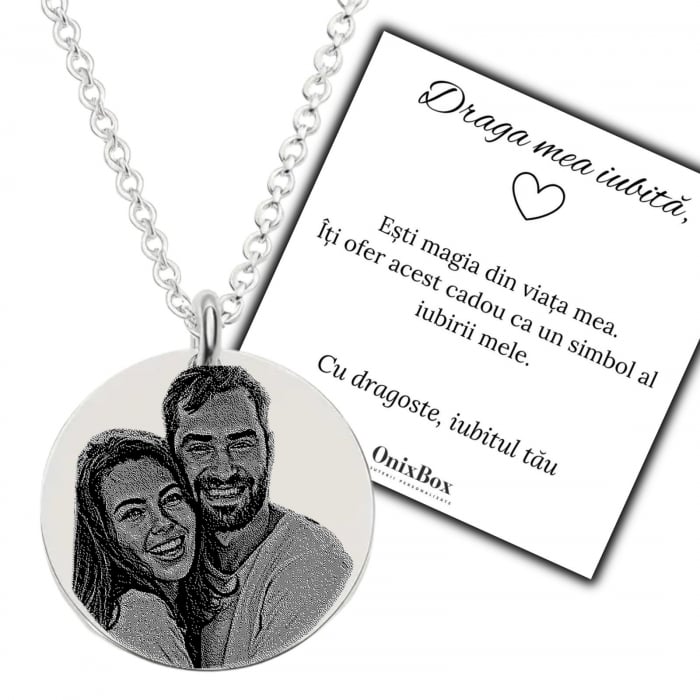 Cadou Iubita - Lantisor cu Banut Personalizat cu Poza si Mesaj - Ambalaj Cadou si Felicitare incluse