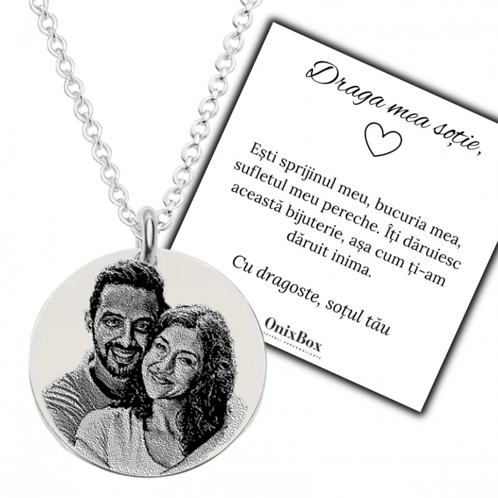 Cadou Sotie - Lantisor cu Banut Personalizat cu Poza si Mesaj - Ambalaj Cadou si Felicitare incluse