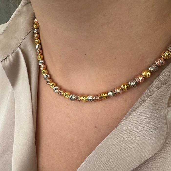 Colier Argint în Trei Culori cu Bile de 6 mm, pentru Damă – Lanț Reglabil 45 cm [2]