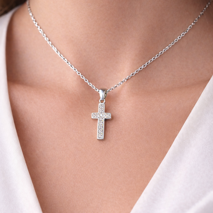 Colier cu Cruciuliță și Cristale Zirconiu Alb, pentru Damă, Oțel Inoxidabil Premium [2]