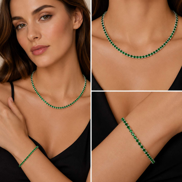 Colier Tennis Argint cu Cristale din Zirconiu Verde 2mm, Lungime Reglabilă 45 cm [2]