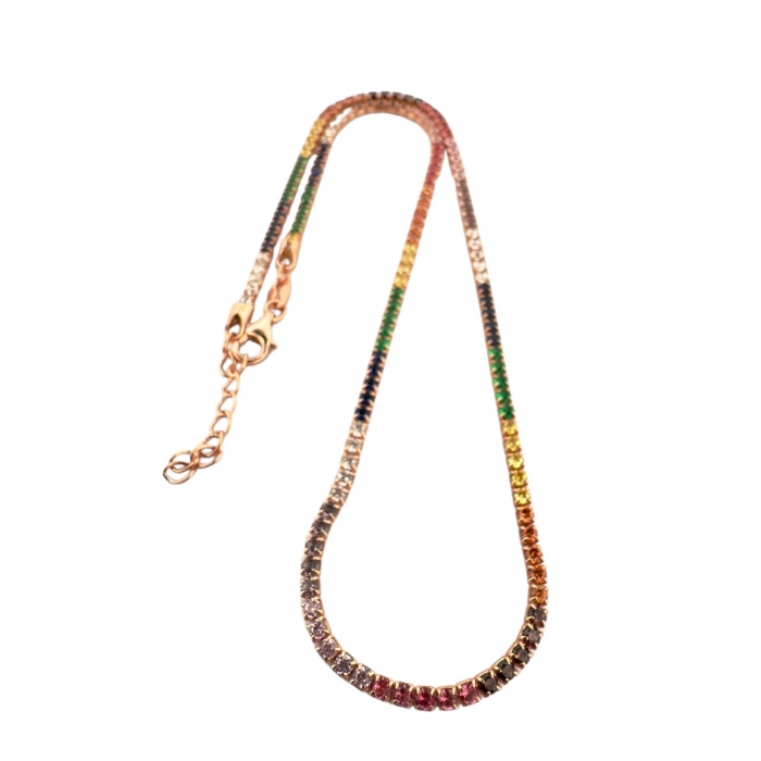 Colier Tennis Argint Placat cu Aur Roz și Cristale Zirconiu Multicolor – Lungime Reglabilă 45 cm [4]
