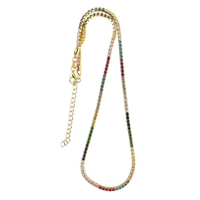 Colier Tennis Argint Placat cu Aur și Cristale Zirconiu Multicolor – Lungime Reglabilă 45 cm [3]