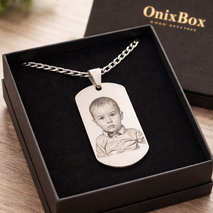 Lant barbati placuta army personalizat cu poza si text, lant figaro, inox [3]