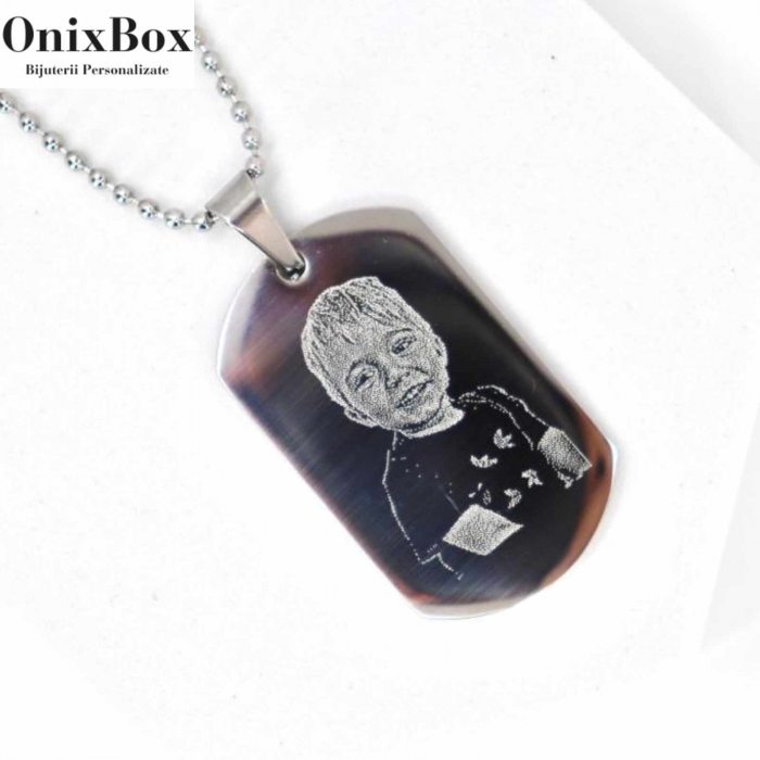 Lant barbati placuta army personalizat cu poza si text, lant figaro, inox [9]