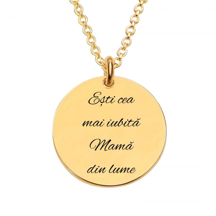 Lantisor Dama cu Banut Auriu Personalizat Text ,   Gravura Laser, Otel Inoxidabil