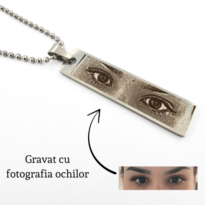 Colier Personalizat cu Fotografia Ochilor si Text - Placuta Inox 40x10 mm, Lant cu Bilute,  Gravura Laser, Garantie pe Viata