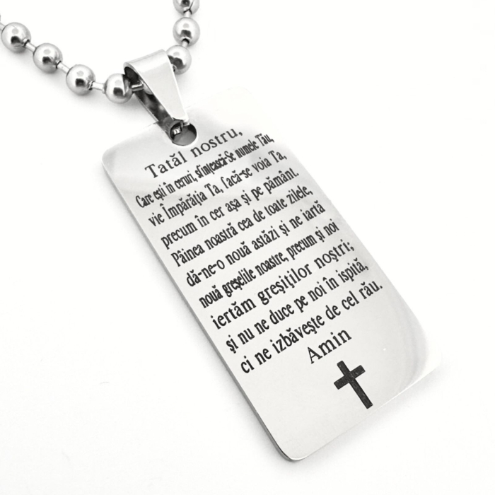 Lantisor Personalizat cu Rugaciunea , zTatal Nostru,  , Otel Inoxidabil, Lant cu Bile 4 mm ,   Pentru Barbati