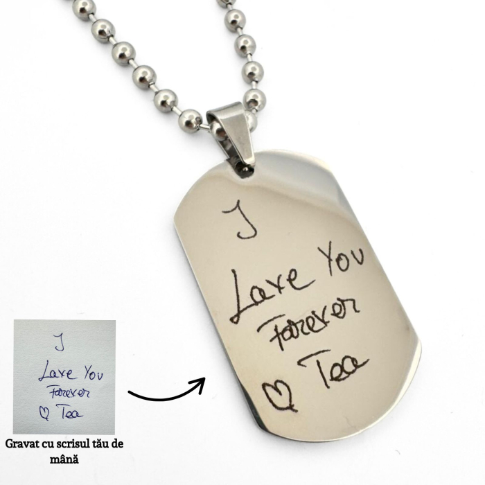 Lant Barbati Personalizat cu Scris de Mana - Placuta Army 40x23 mm, Lant cu Bile 4mm, Otel Inoxidabil