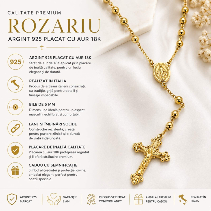 Rozariu Bărbați Argint 925 Placat cu Aur - Bile de 5mm, Lungime 70 cm [6]