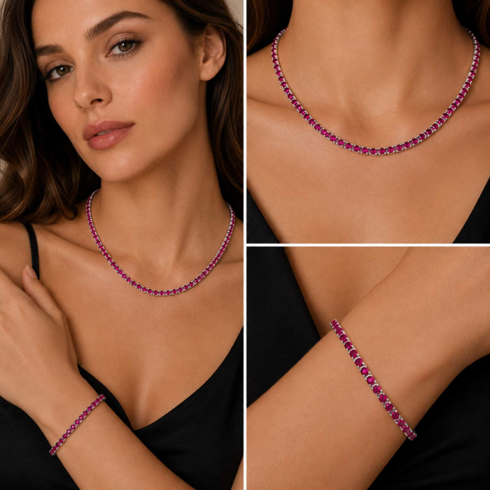Set Bijuterii Argint 925 – Colier și Brățară Tennis cu Zirconiu Fucsia [2]