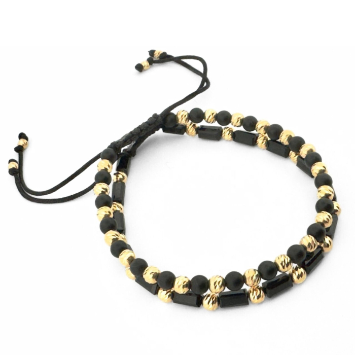 Set Brățări cu Bile Argint 4mm Placate cu Aur 18K, Onix și Cristale Tubulare - Șnur Reglabil, Unisex [3]