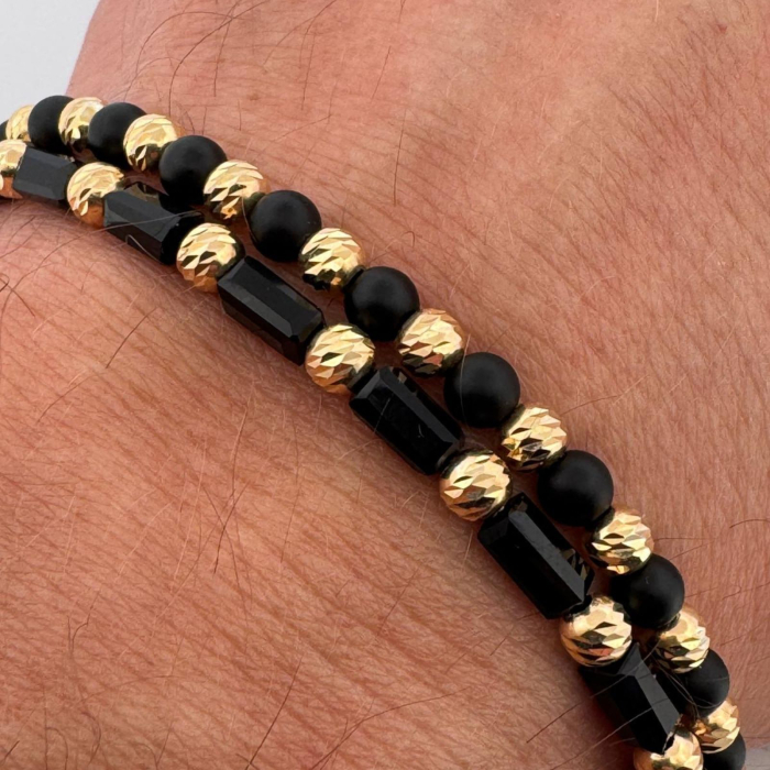 Set Brățări cu Bile Argint 4mm Placate cu Aur 18K, Onix și Cristale Tubulare - Șnur Reglabil, Unisex [2]