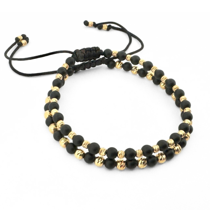 Set Brățări cu Biluțe de Argint Placate cu Aur 18K, Onix și Șnur Reglabil, Unisex [2]