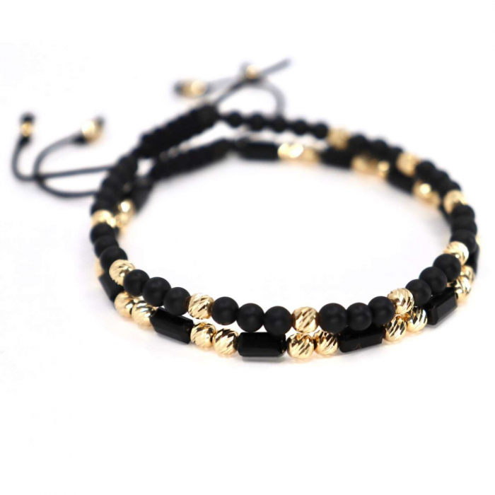 Set Brățări cu Bile de Aur 14K 4mm, Onix & Cristale Sticlă. șnur împletit [3]