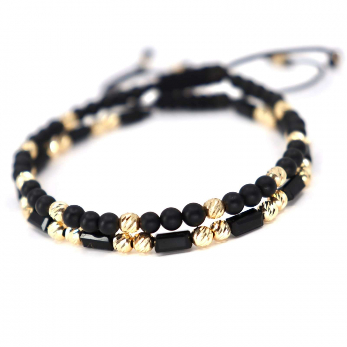 Set Brățări cu Bile de Aur 14K 4mm, Onix & Cristale Sticlă. șnur împletit [2]