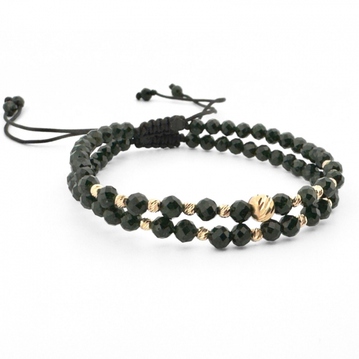 Set Brățări cu Bile de Aur 14K, Piatra Soarelui Verde Fațetat și Șnur Reglabil [2]